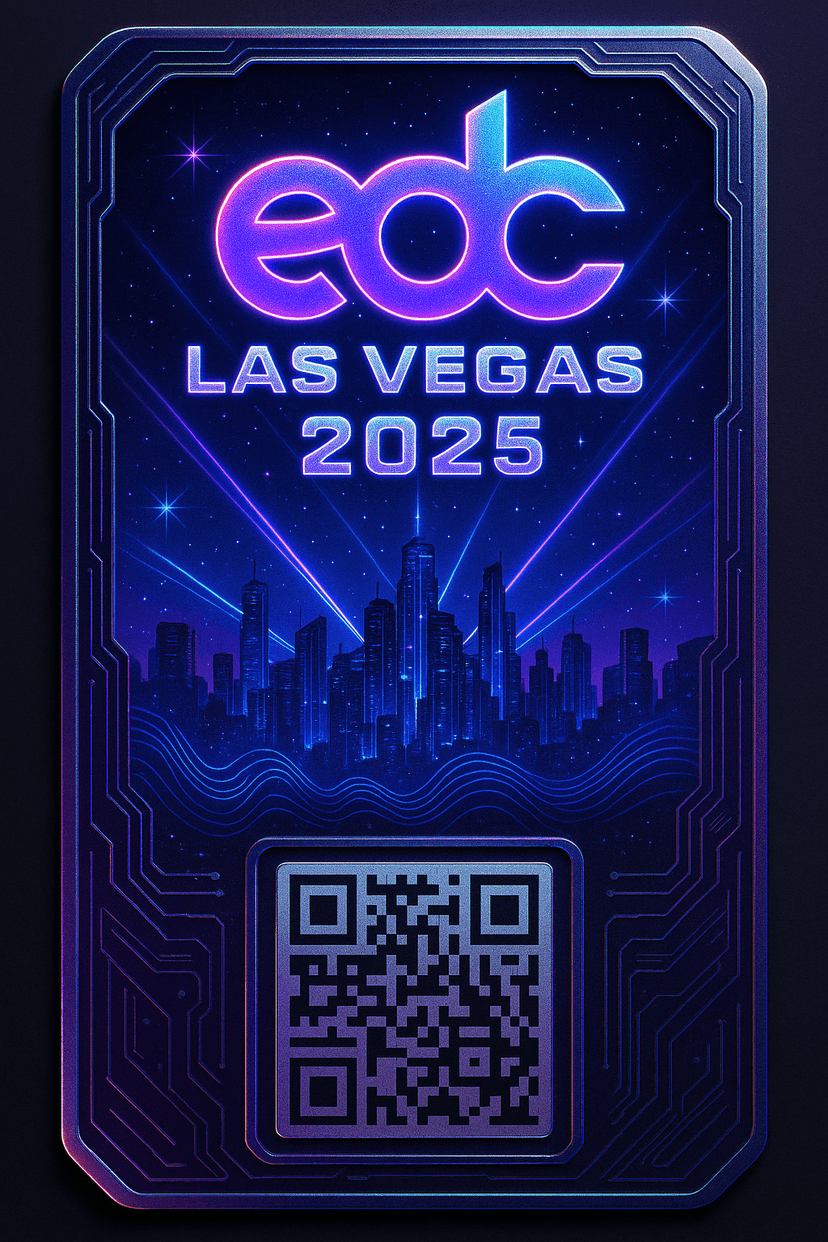 NFTix sample ticket: EDC Las Vegas 2025 NFT ticket artwork with neon skyline and QR code