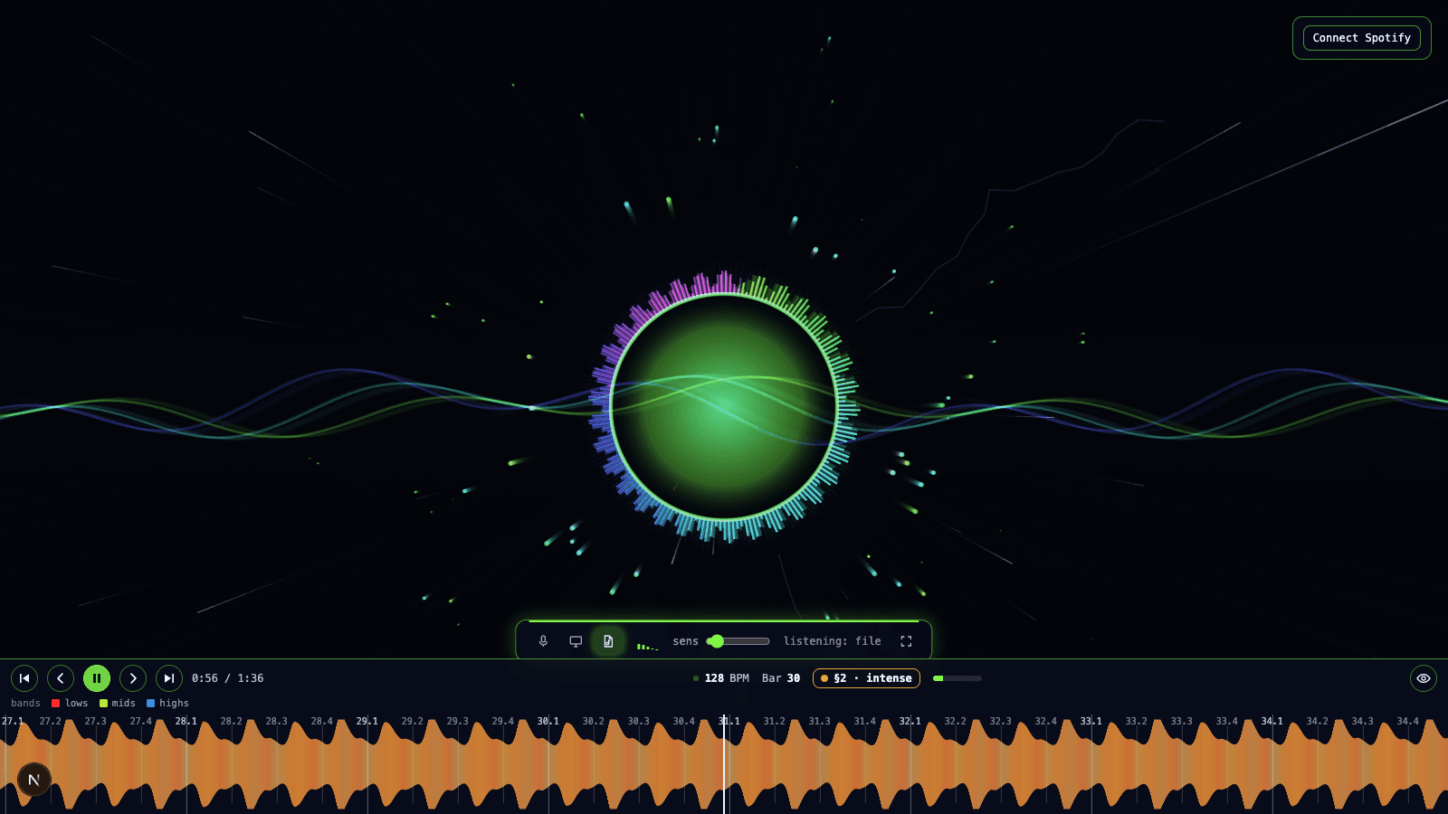 Music Light Visualizer mid-track: band-colored orb and particle field with the waveform transport showing BPM, bar, and section