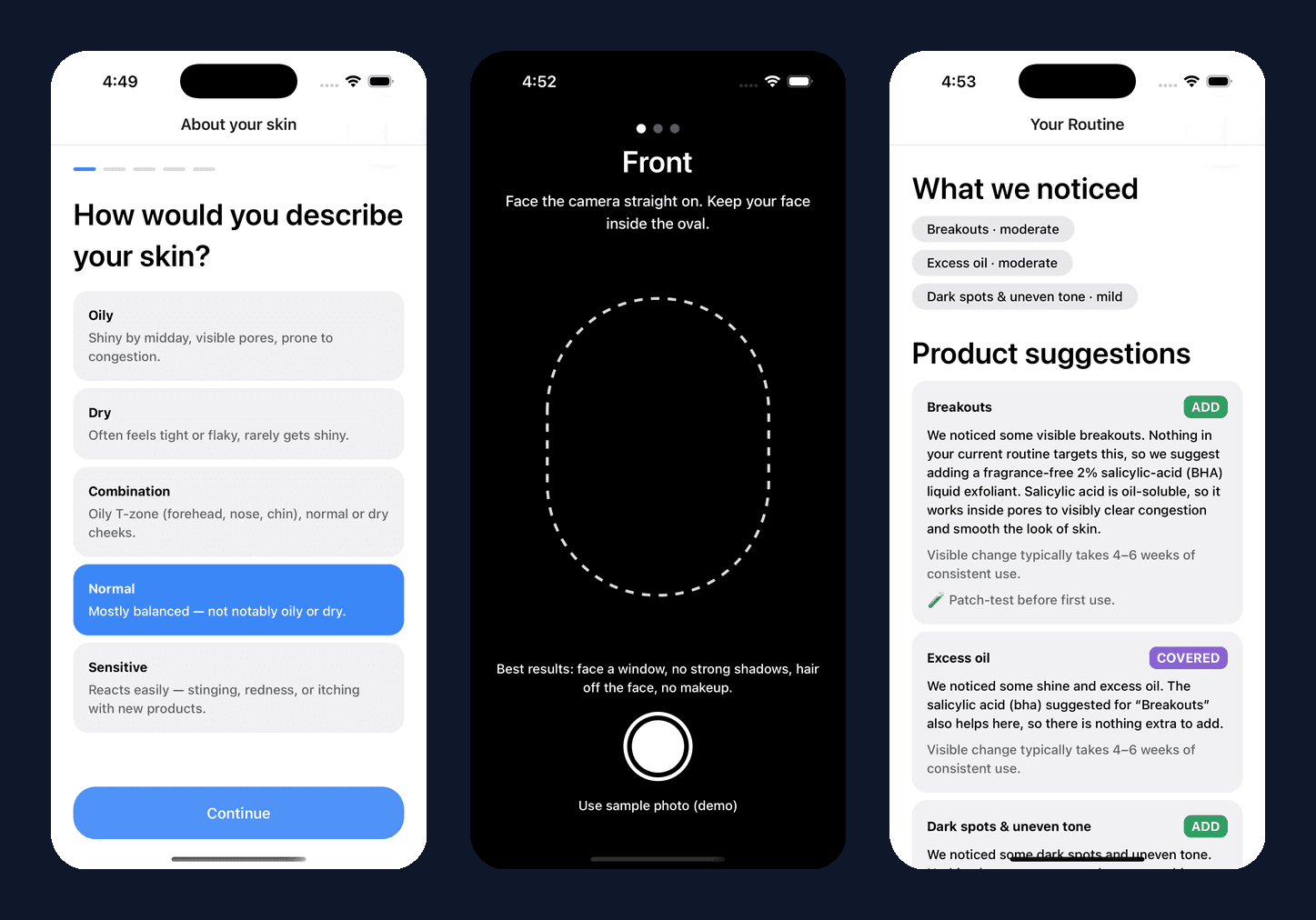 Vera Skin app screens: skin type onboarding, guided front photo capture, and the personalized routine results